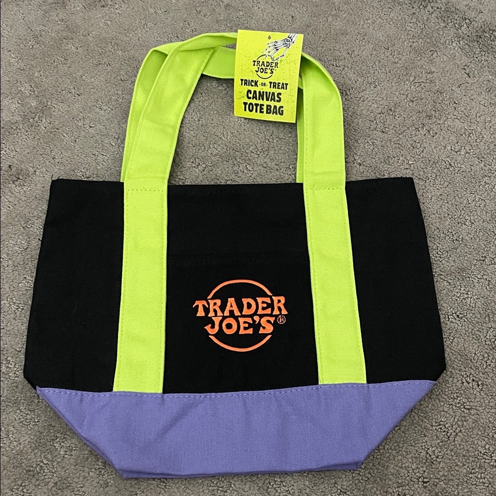 Trader Joe’s Black & Neon Green Canvas Tote Bag with Purple Base